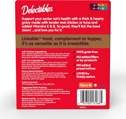 Delectables Lickable Treat Gravy Senior 10+ Variety Wet Cat Treat & Food Topper, Food Topper, Hydrating, Grain-Free, No Fillers, No by-Products, No Added Preservatives, 1.4-oz Pouch, 12 Count