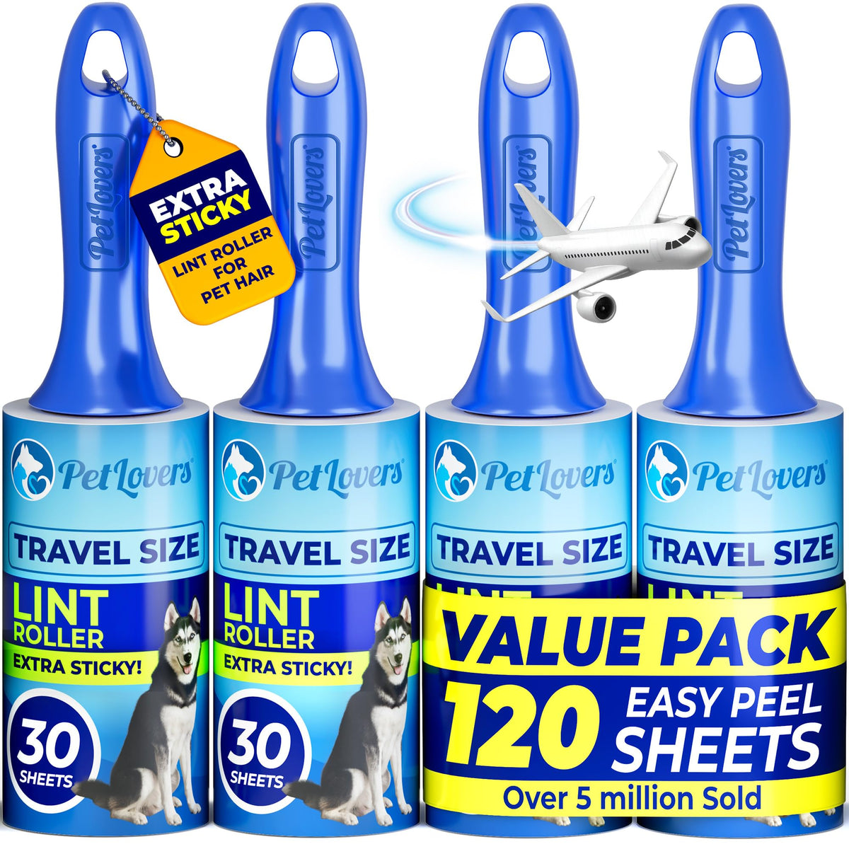 PetLovers Extra Sticky Lint Roller Mega Value Set 450 Sheets for Pet Hair Removal and Clothes, Dog and Cat Lint Remover 5 Pack