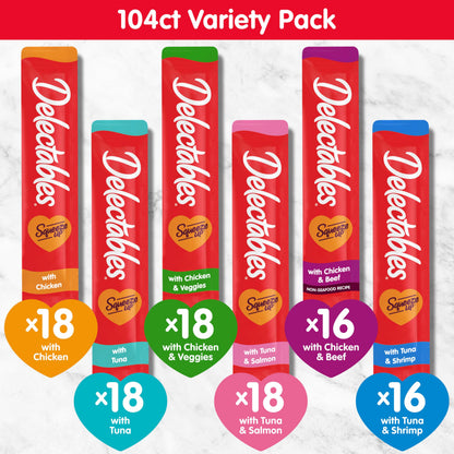 Delectables Squeeze Up Variety Pack, Creamy Squeezable Puree, Lickable Wet Cat Treats, Grain Free, No Added Fillers, No by-Products, No Added Preservatives, 0.5 Ounces Tube, 72 Tubes Total