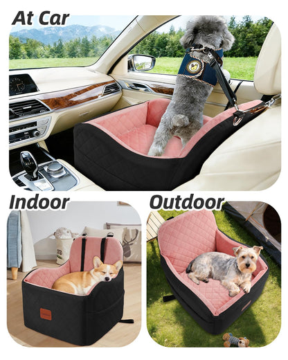 Lealchum Dog Booster Car Seat for S/M Dogs Up to 35lbs,Soft 6in Elevated Cushion,Fits in Front/Back Seat,Fully Detachable and Washable,2 Storage Pockets & 3 Straps,Easy to Install (Black/Brown,Medium)