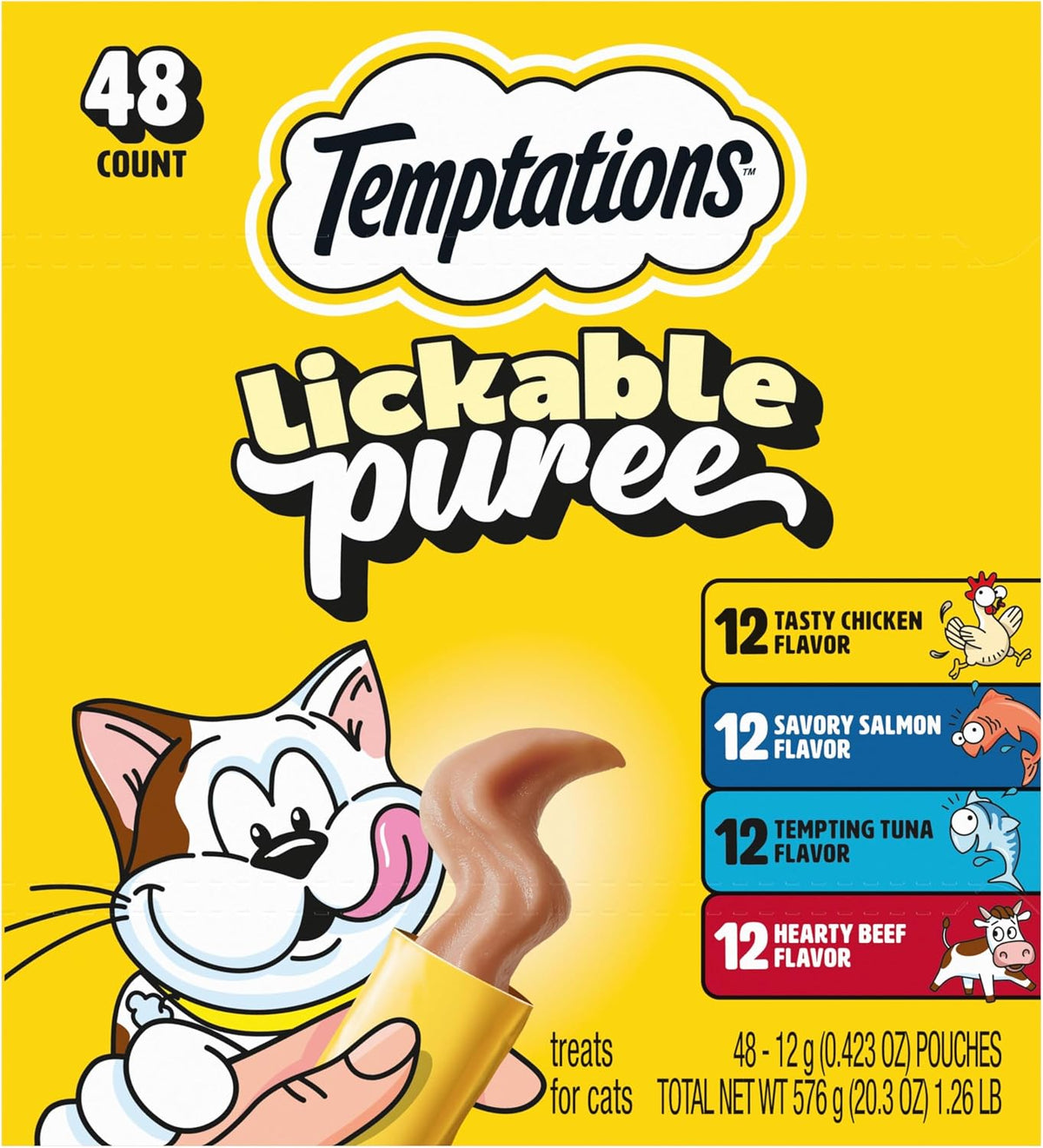 Temptations Creamy Puree Cat Treats, Beef, Chicken, Salmon & Tuna, 48 Count