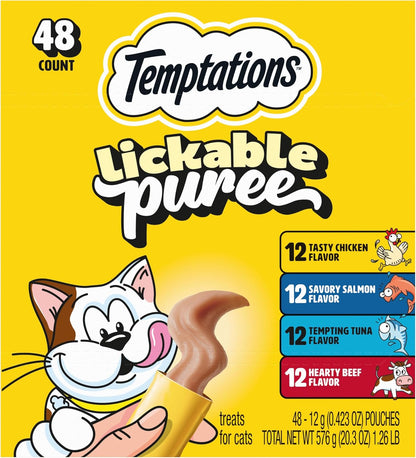 Temptations Creamy Puree Cat Treats, Beef, Chicken, Salmon & Tuna, 48 Count