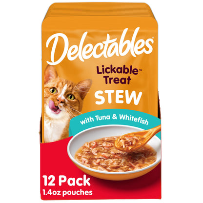 Delectables Lickable Treat Stew Wet Cat Treat with Real Tuna & Shrimp, Food Topper, Hydrating, Grain-Free, No Fillers, No By-Products, No Added Preservatives, 1.4oz Pouch, 12ct