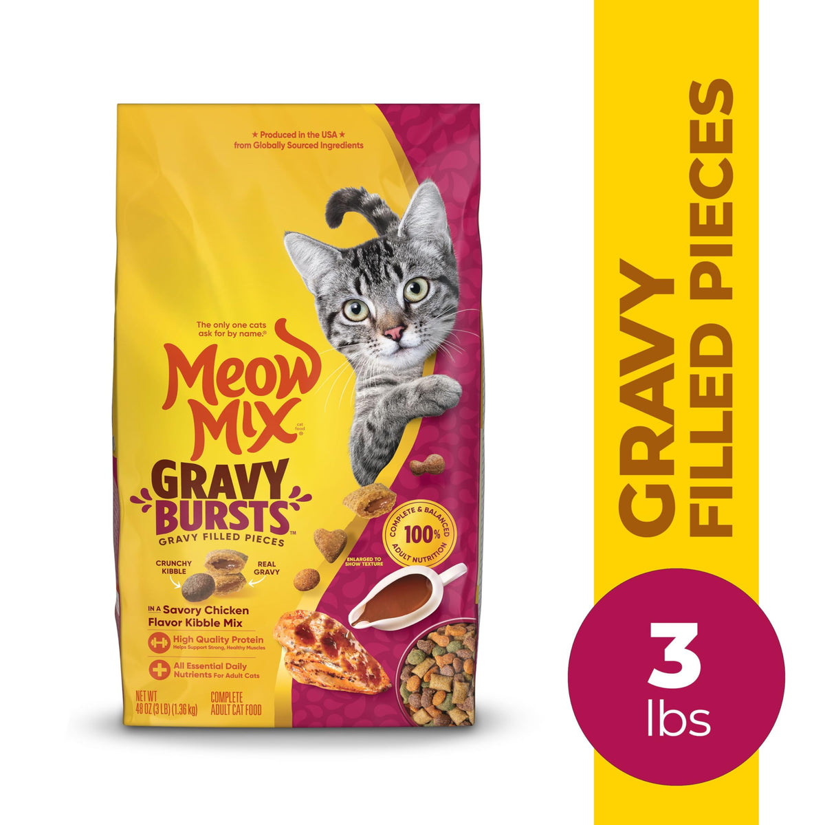 Meow Mix Gravy Bursts Dry Cat Food, 3 lb Bag