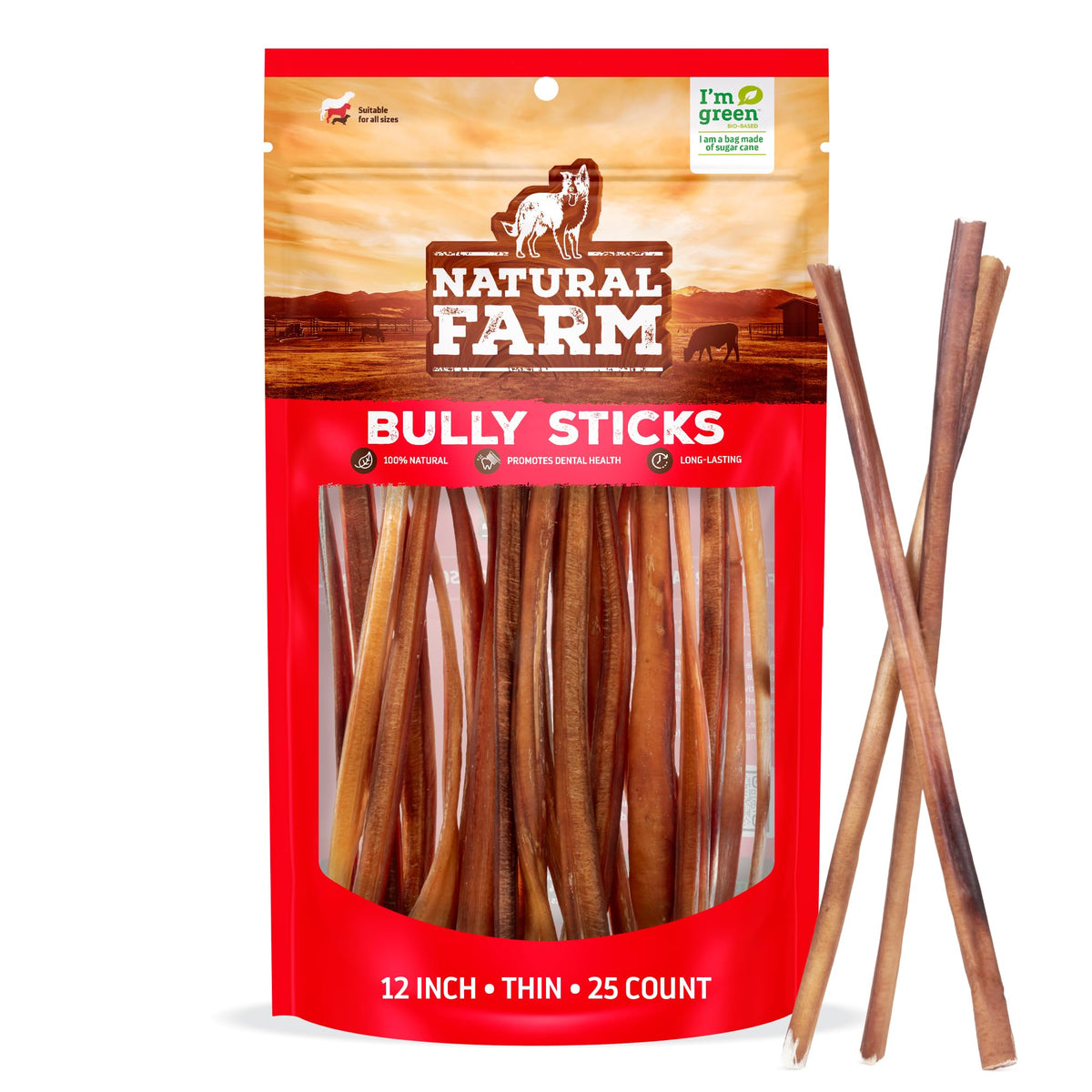 Natural Farm Odor-Free Bully Sticks (6 Inch, 25 count),1.3 lb. Bag, Fully Digestible 100% Beef Pizzle Chews,Grass-Fed, Non-GMO,Grain-Free, Natural Long-Lasting Chews for Small & Large Dogs. Pack of 25