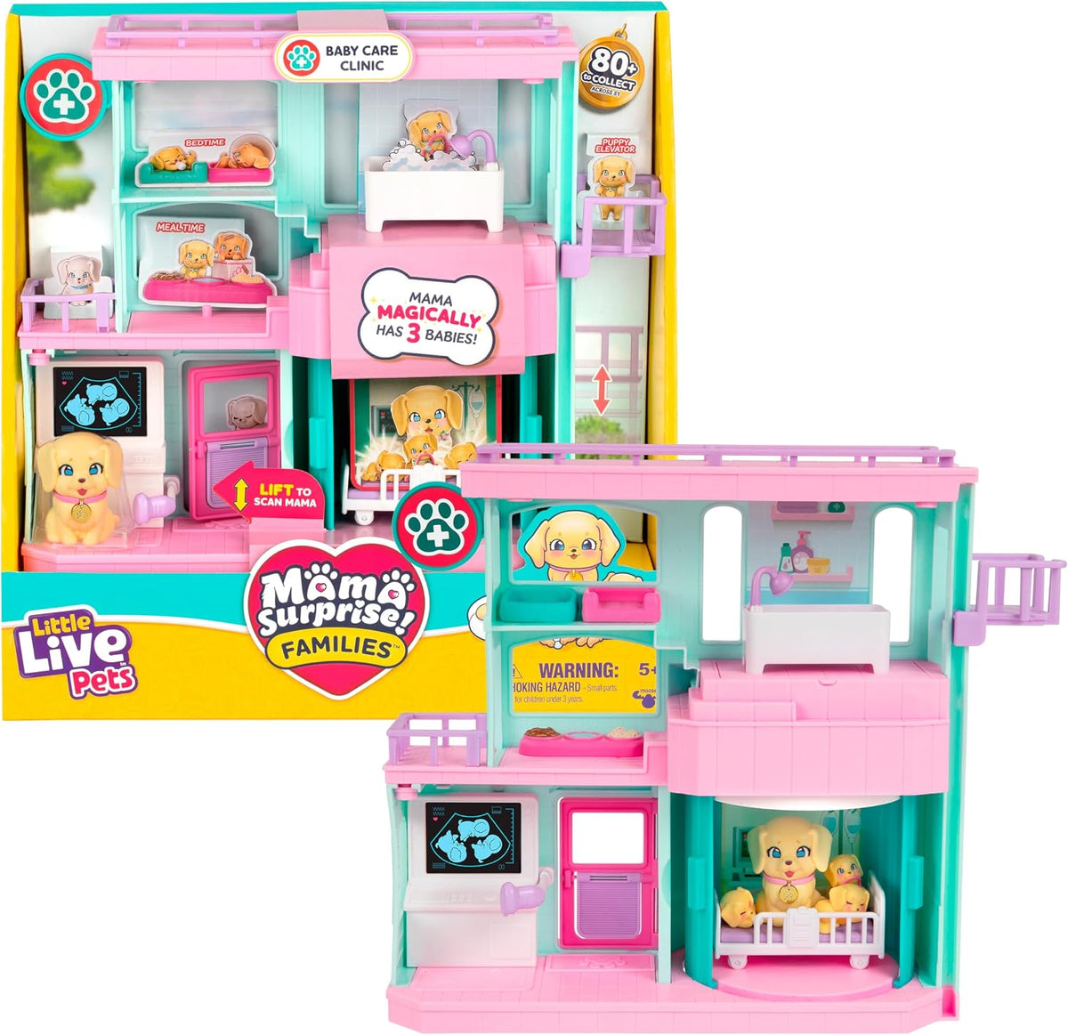 Little Live Pets Mama Surprise Families Pet Vet Playset, Baby Care Clinic Animal Hospital Play Set, 3 Puppies, Accessories, Vet Toys for Kids 5+