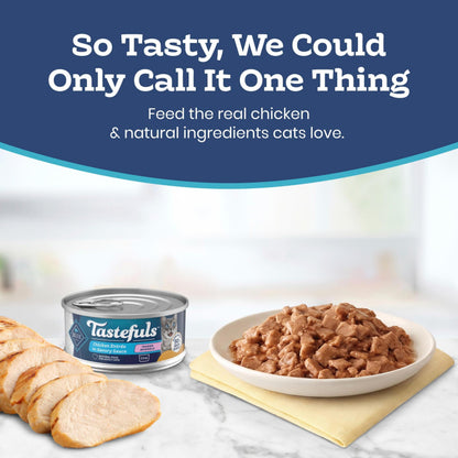 Blue Buffalo Tastefuls Wet Cat Food, Made with Natural Ingredients, Tuna and Chicken Flaked Entrées in Gravy, 3oz Cans, 4-Count Variety Pack Trial Size