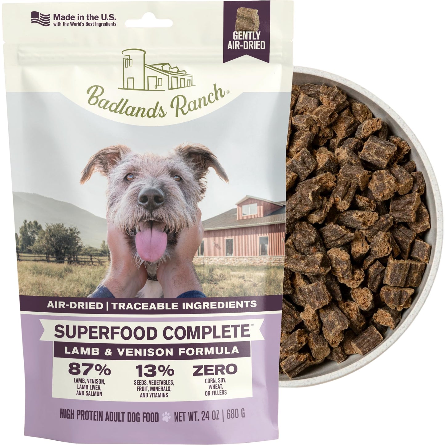 BADLANDS RANCH Air-Dried Beef & Bison Dog Food, 87% Meat, 24 oz