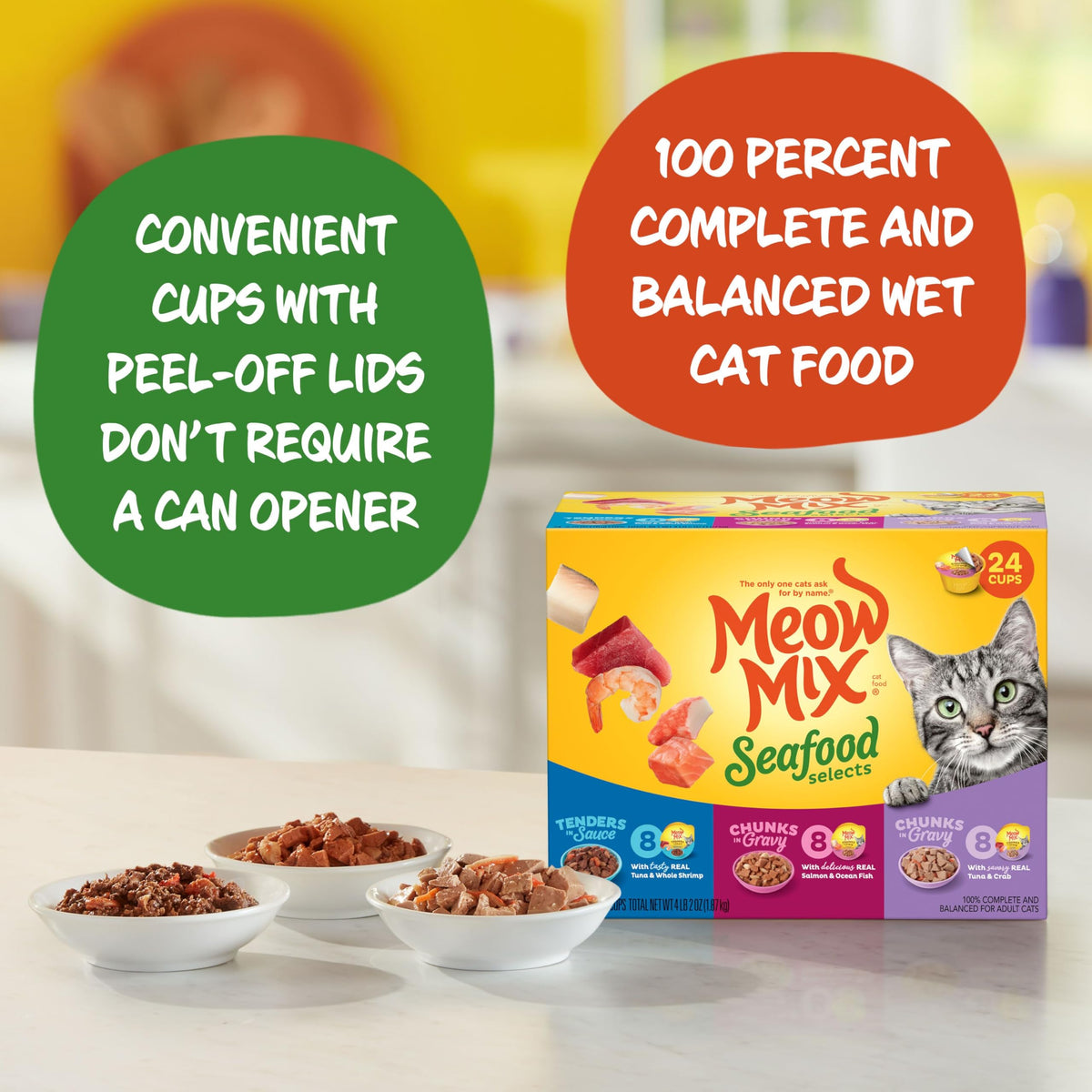 Meow Mix Seafood Favorites, Wet Food Variety Pack, 12 Cups