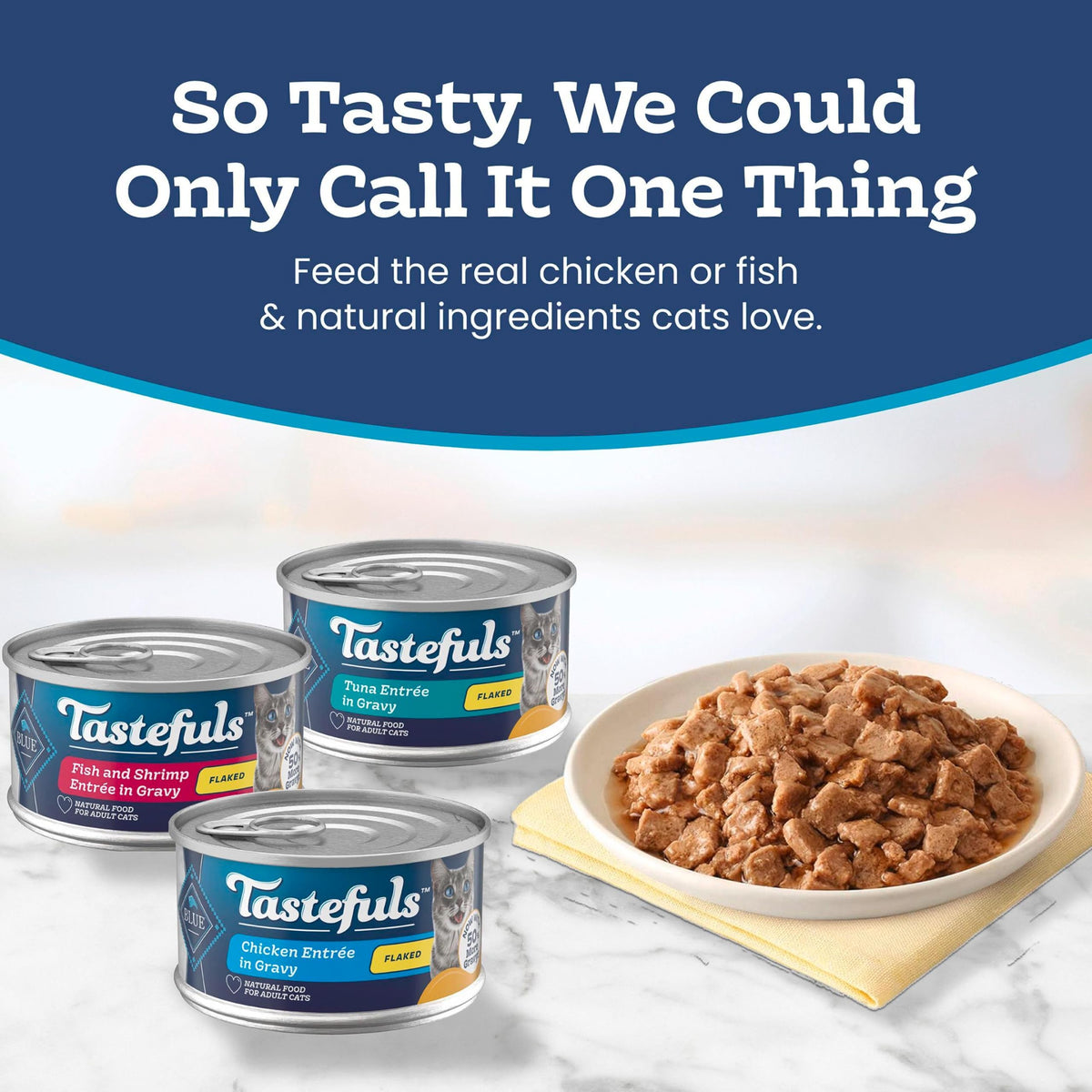 Blue Buffalo Tastefuls Wet Cat Food, Made with Natural Ingredients, Tuna and Chicken Flaked Entrées in Gravy, 3oz Cans, 4-Count Variety Pack Trial Size