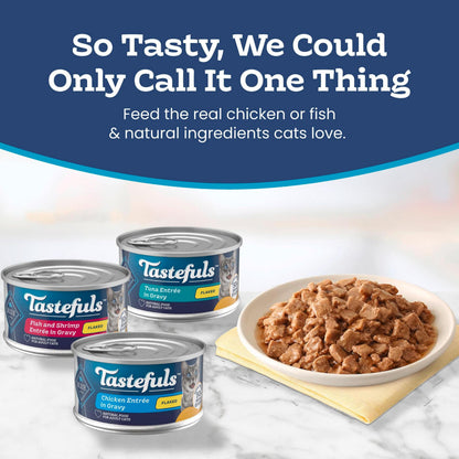 Blue Buffalo Tastefuls Wet Cat Food, Made with Natural Ingredients, Tuna and Chicken Flaked Entrées in Gravy, 3oz Cans, 4-Count Variety Pack Trial Size