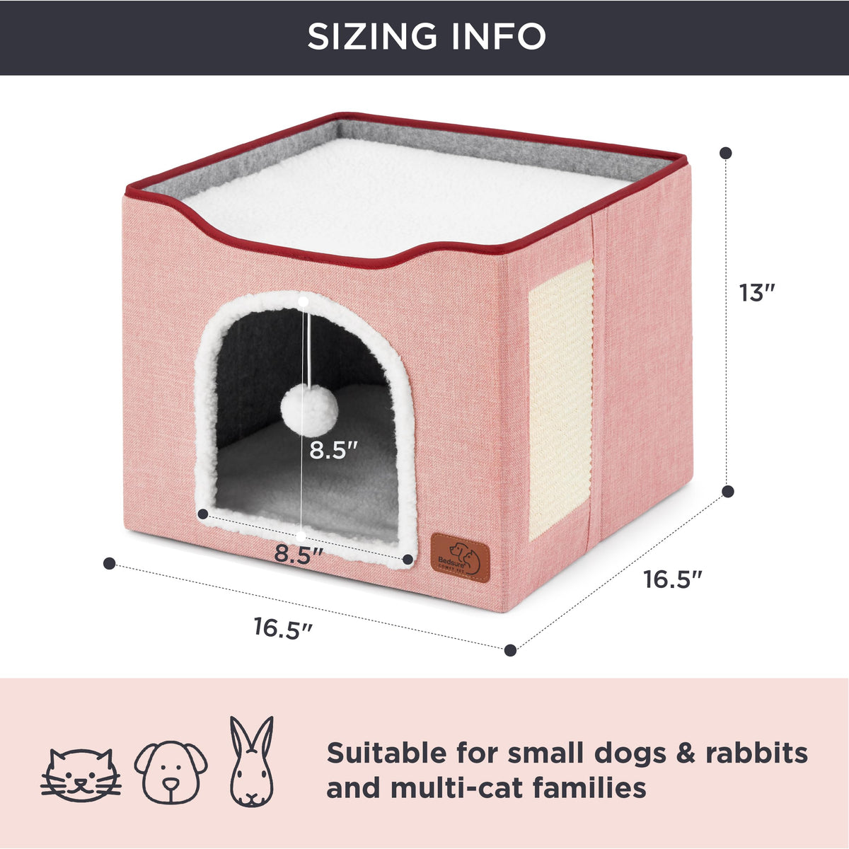 Bedsure Cat House Bed for Indoor Cats with Fluffy Ball and Scratch Pad,Grey