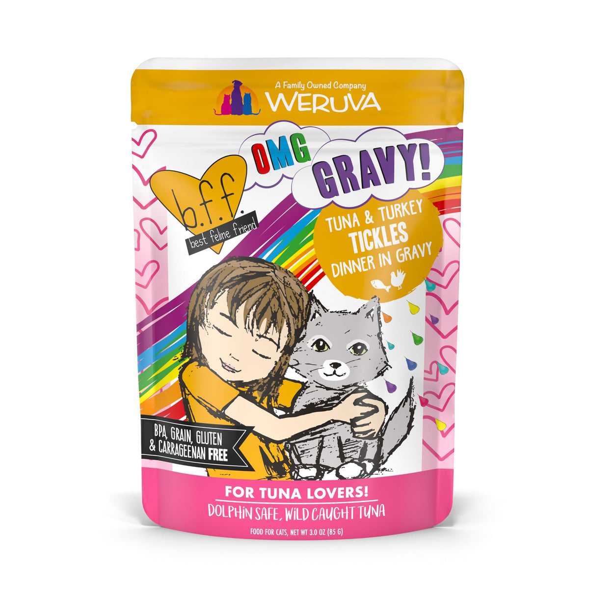 Weruva B.F.F. OMG - Best Feline Friend Oh My Gravy! Tuna & Chicken Charm Me with Tuna & Chicken in Gravy Cat Food, 3oz Pouch (Pack of 48)