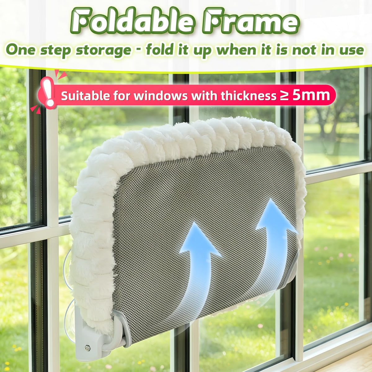 AMOSIJOY Cordless Cat Window Perch with Cushion Bed Metal Frame, L Gray