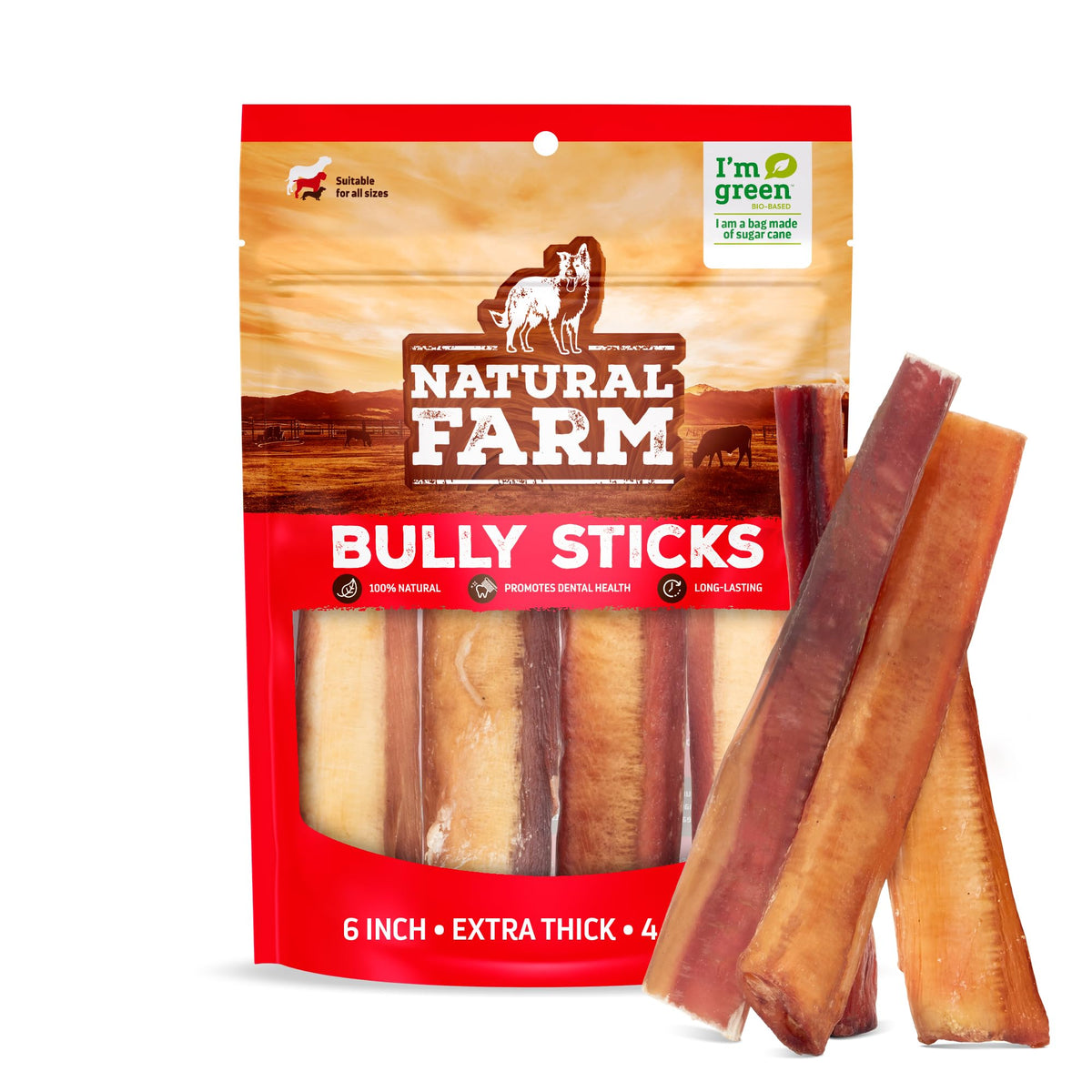 Natural Farm Odor-Free Bully Sticks (6 Inch, 25 count),1.3 lb. Bag, Fully Digestible 100% Beef Pizzle Chews,Grass-Fed, Non-GMO,Grain-Free, Natural Long-Lasting Chews for Small & Large Dogs. Pack of 25