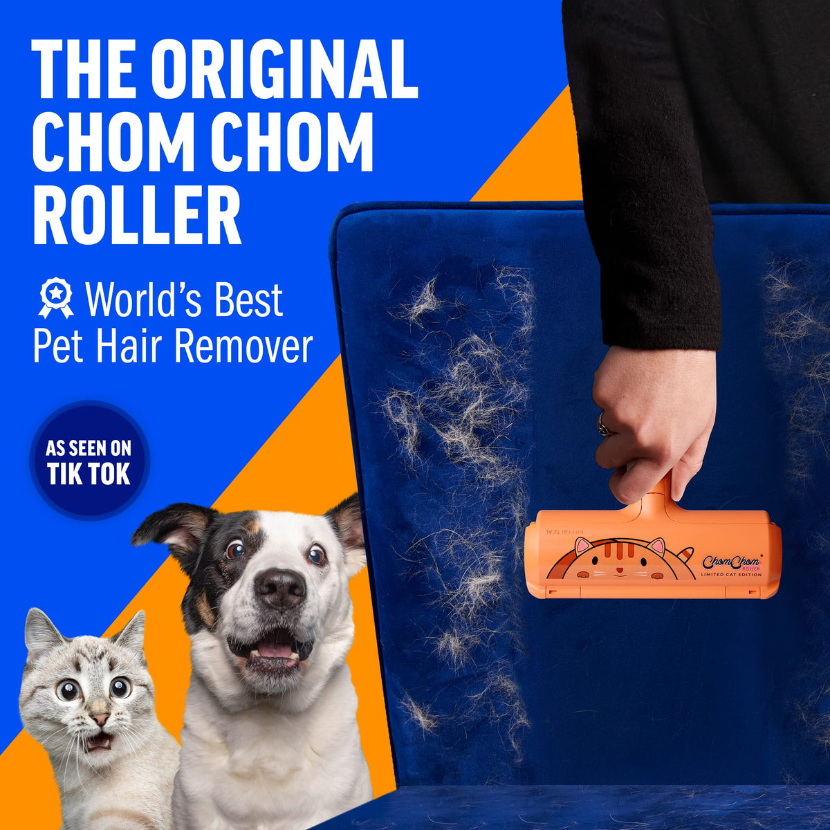 ChomChom Roller Pet Hair Remover – Original Size Reusable Lint Roller for Cat & Dog Hair on Furniture, Couch, Carpet, Car, Rugs & Bedding – Portable, Eco-Friendly (White)