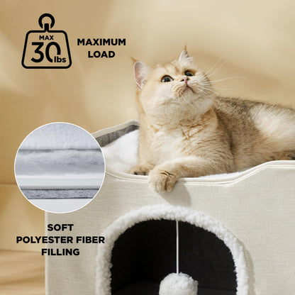 Bedsure Cat House Bed for Indoor Cats with Fluffy Ball and Scratch Pad,Grey