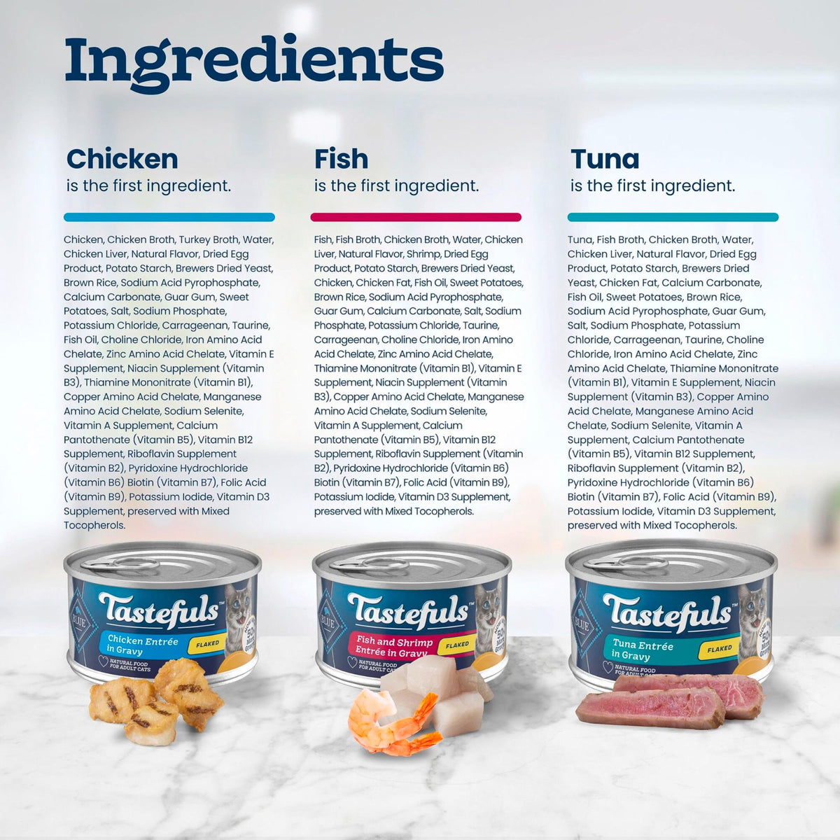 Blue Buffalo Tastefuls Wet Cat Food, Made with Natural Ingredients, Tuna and Chicken Flaked Entrées in Gravy, 3oz Cans, 4-Count Variety Pack Trial Size