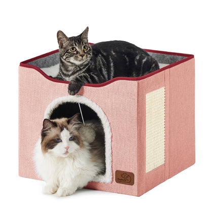 Bedsure Cat House Bed for Indoor Cats with Fluffy Ball and Scratch Pad,Grey