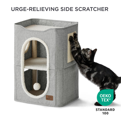 Bedsure Cat House Bed for Indoor Cats with Fluffy Ball and Scratch Pad,Grey