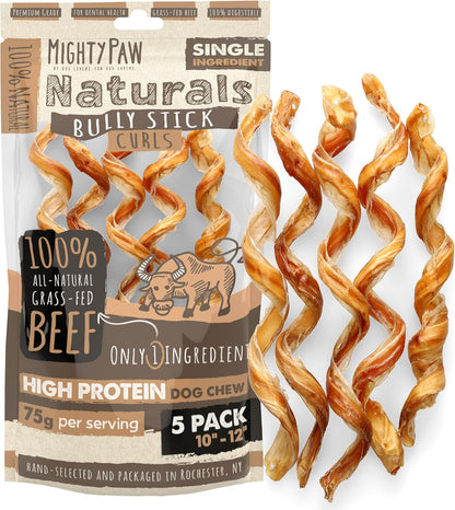 Mighty Paw Bully Sticks, Curly Grass-Fed Beef Dog Chews, 12", 5 Pack