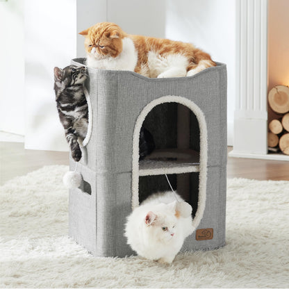 Bedsure Cat House Bed for Indoor Cats with Fluffy Ball and Scratch Pad,Grey