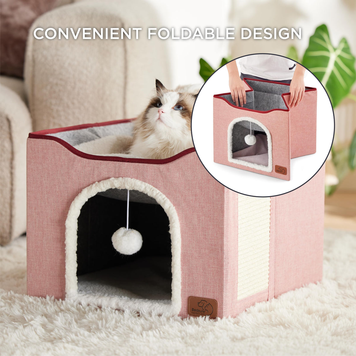 Bedsure Cat House Bed for Indoor Cats with Fluffy Ball and Scratch Pad,Grey