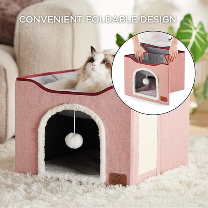 Bedsure Cat House Bed for Indoor Cats with Fluffy Ball and Scratch Pad,Grey