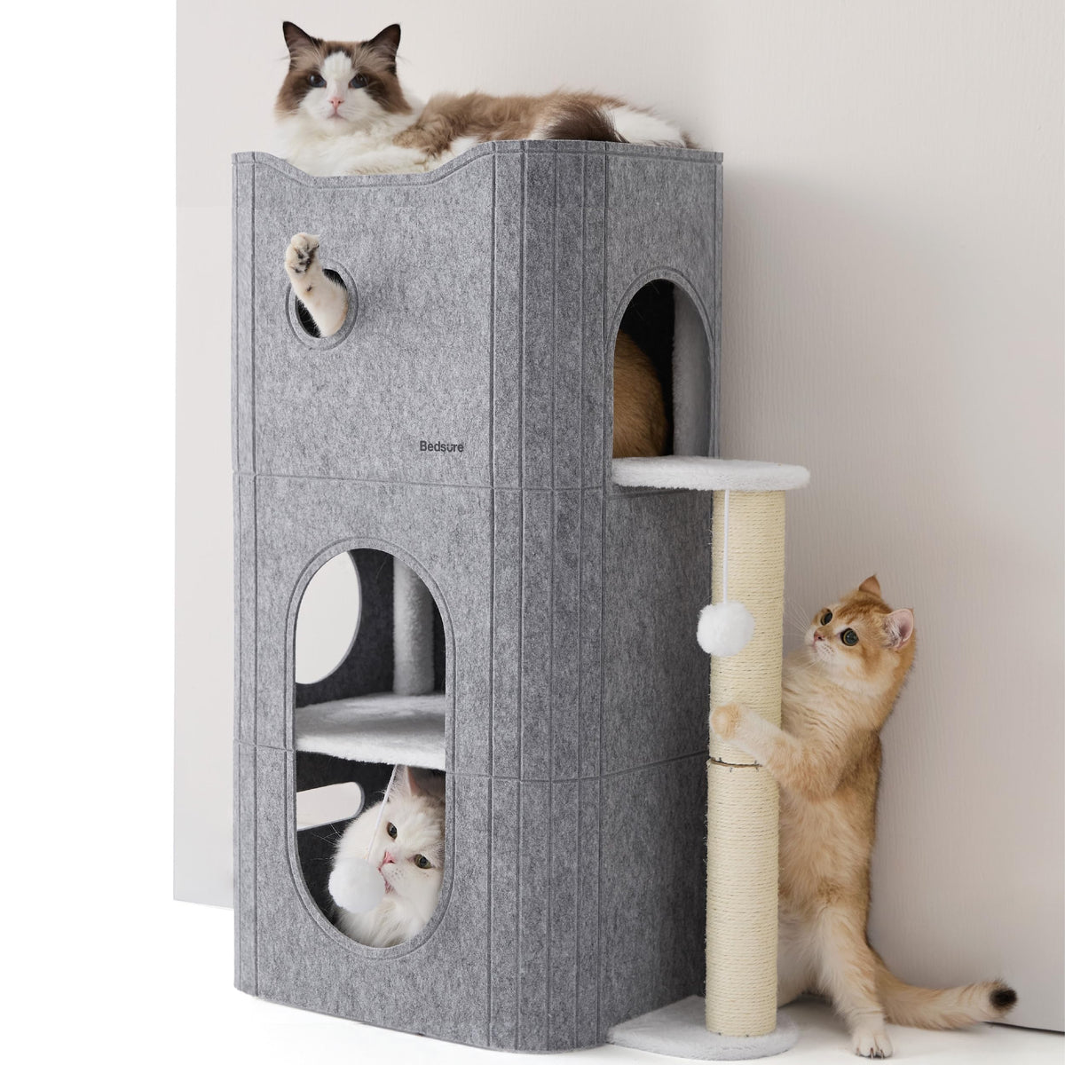 Bedsure Cat House Bed for Indoor Cats with Fluffy Ball and Scratch Pad,Grey