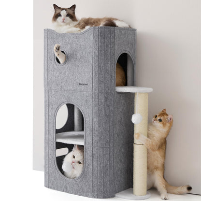 Bedsure Cat House Bed for Indoor Cats with Fluffy Ball and Scratch Pad,Grey