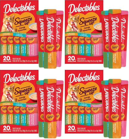 Delectables Squeeze Up Catnip Variety Pack, Creamy Squeezable Puree, Lickable Wet Cat Treats, Grain Free, No-Added Fillers, No-by-Products, No-Added Preservatives, 20 Count, 0.5 Ounces (Pack of 4)