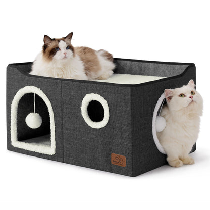 Bedsure Cat House Bed for Indoor Cats with Fluffy Ball and Scratch Pad,Grey