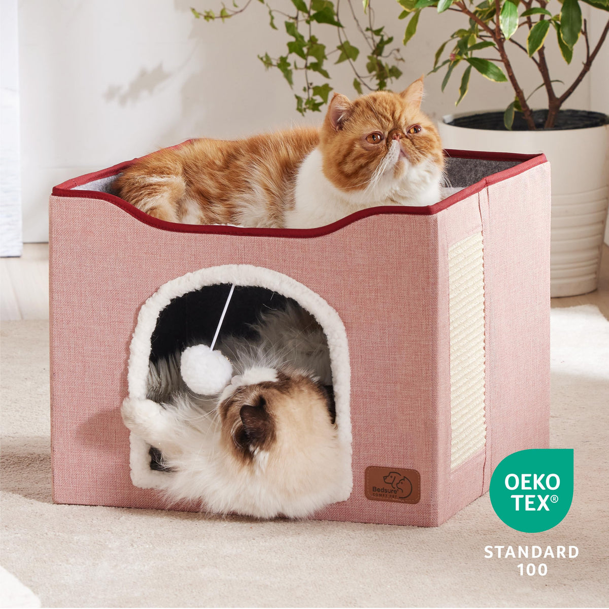 Bedsure Cat House Bed for Indoor Cats with Fluffy Ball and Scratch Pad,Grey