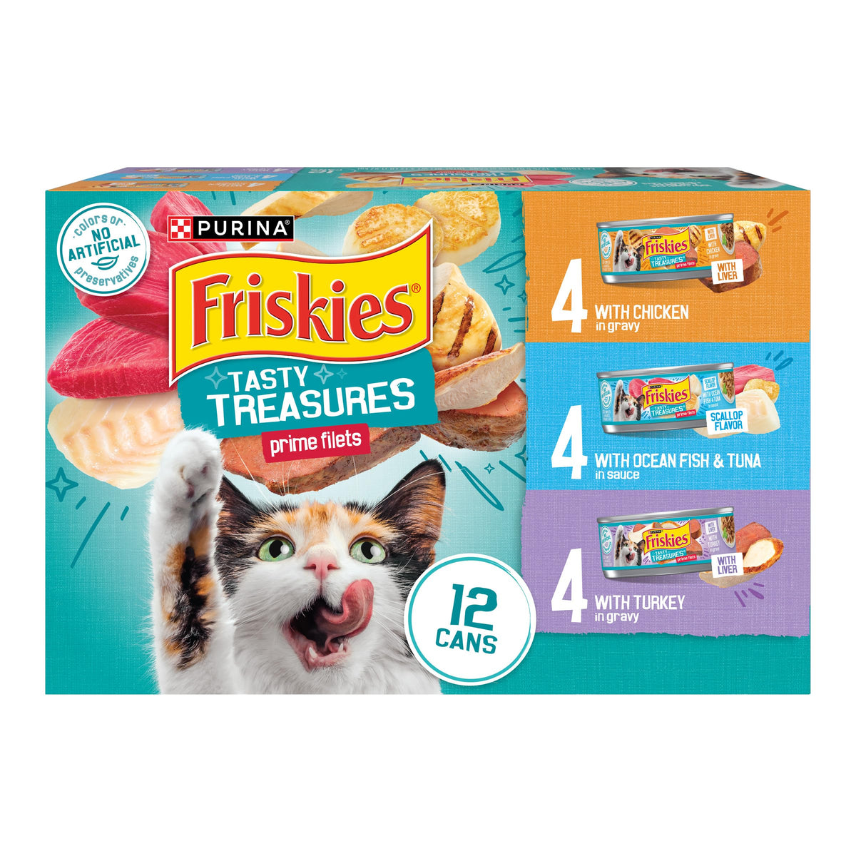 Friskies Purina Wet Cat Food Variety Pack, Tasty Treasures Prime Filets (with Ocean Fish and Tuna, with Chicken and with_Turkey) - 5.5 Ounce (Pack of 24)