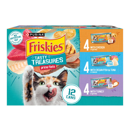 Friskies Purina Wet Cat Food Variety Pack, Tasty Treasures Prime Filets (with Ocean Fish and Tuna, with Chicken and with_Turkey) - 5.5 Ounce (Pack of 24)