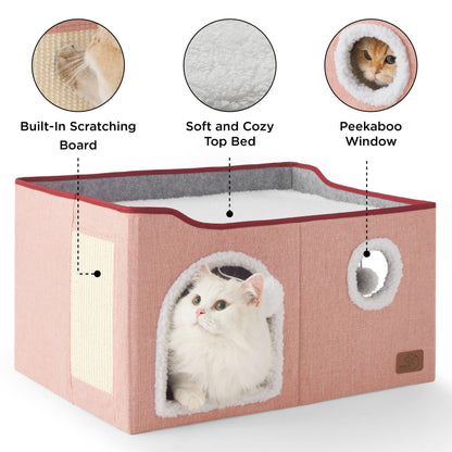 Bedsure Cat House Bed for Indoor Cats with Fluffy Ball and Scratch Pad,Grey