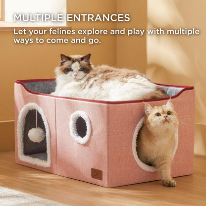 Bedsure Cat House Bed for Indoor Cats with Fluffy Ball and Scratch Pad,Grey