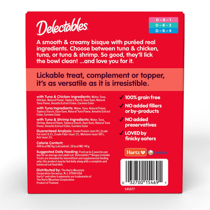 Delectables Lickable Treat Bisque Wet Cat Treat with Real Tuna, Food Topper, Hydrating, Grain-Free, No Fillers, By-Products, Added Preservatives, 1.4oz Pouch, 12ct