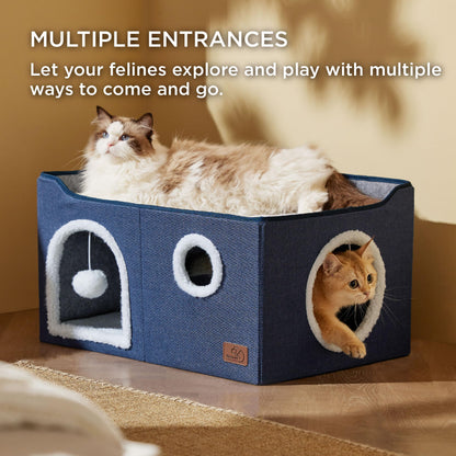 Bedsure Cat House Bed for Indoor Cats with Fluffy Ball and Scratch Pad,Grey