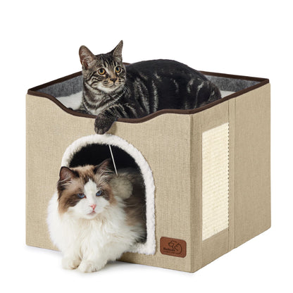 Bedsure Cat House Bed for Indoor Cats with Fluffy Ball and Scratch Pad,Grey