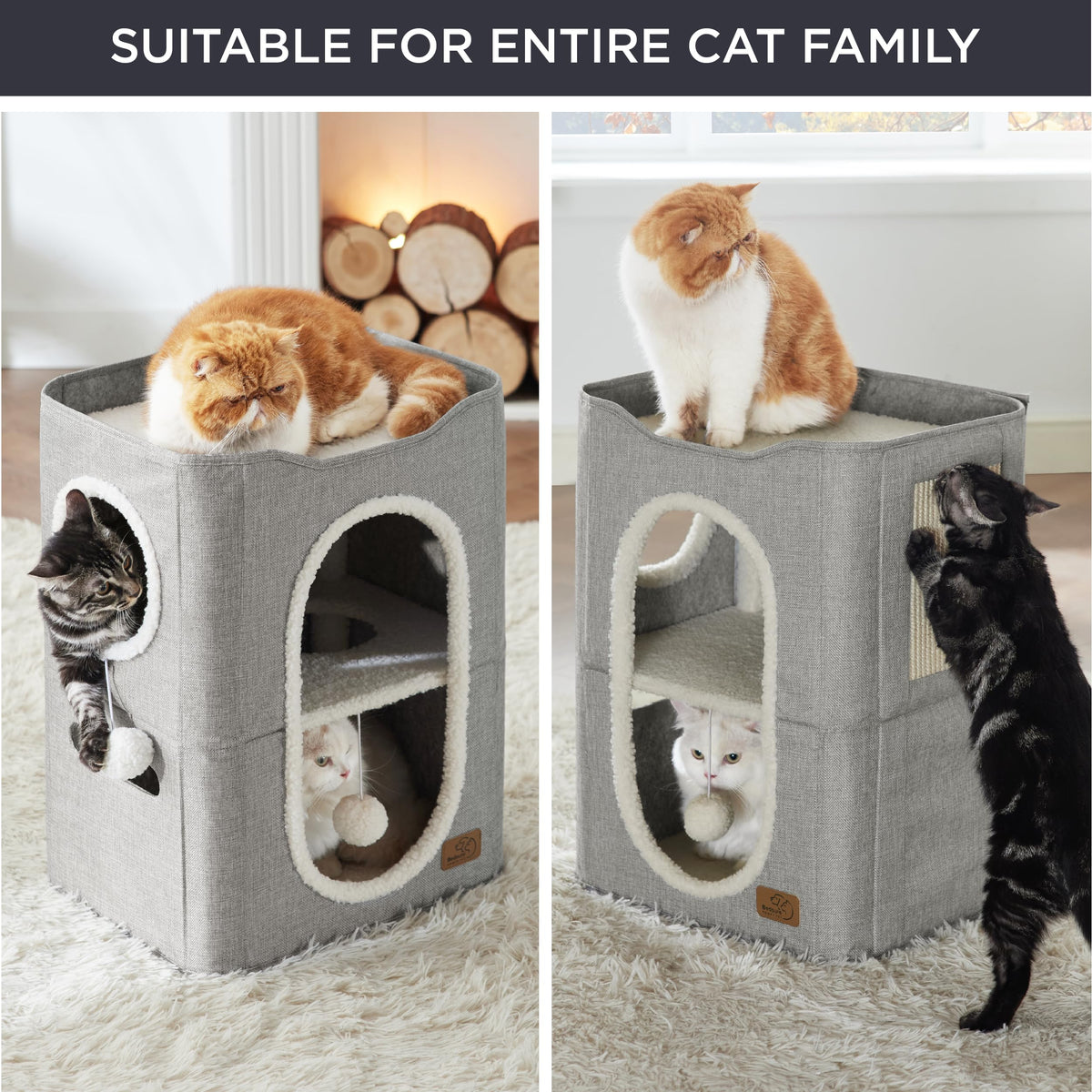 Bedsure Cat House Bed for Indoor Cats with Fluffy Ball and Scratch Pad,Grey