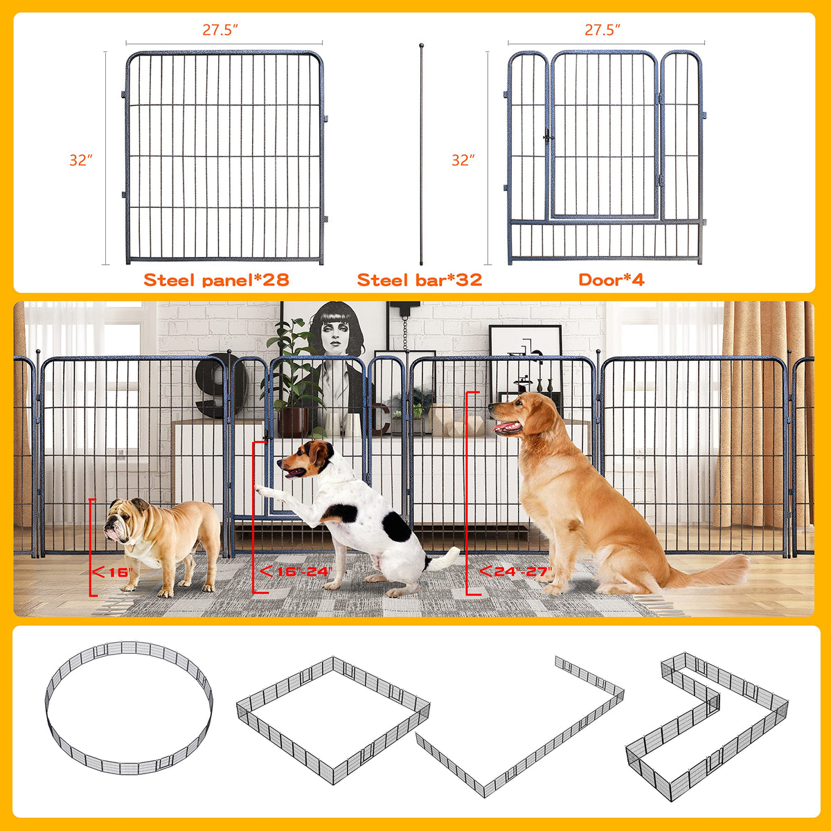 Dog Playpen,32/40/45 Inch Height in Heavy Duty, Folding Indoor Outdoor Anti-Rust Dog Exercise Fence, Portable Pet Playpen with Door for Large Medium Small Dogs and Pet (16 Panels, 32 Inch) Silver