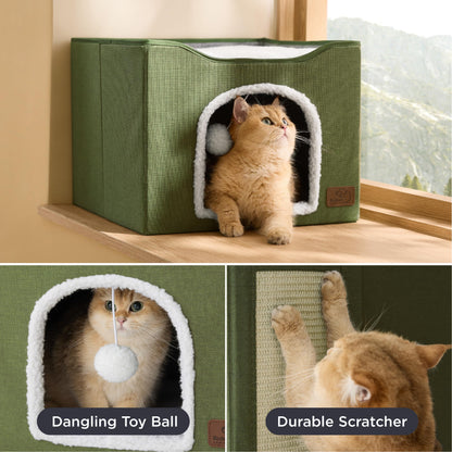 Bedsure Cat House Bed for Indoor Cats with Fluffy Ball and Scratch Pad,Grey