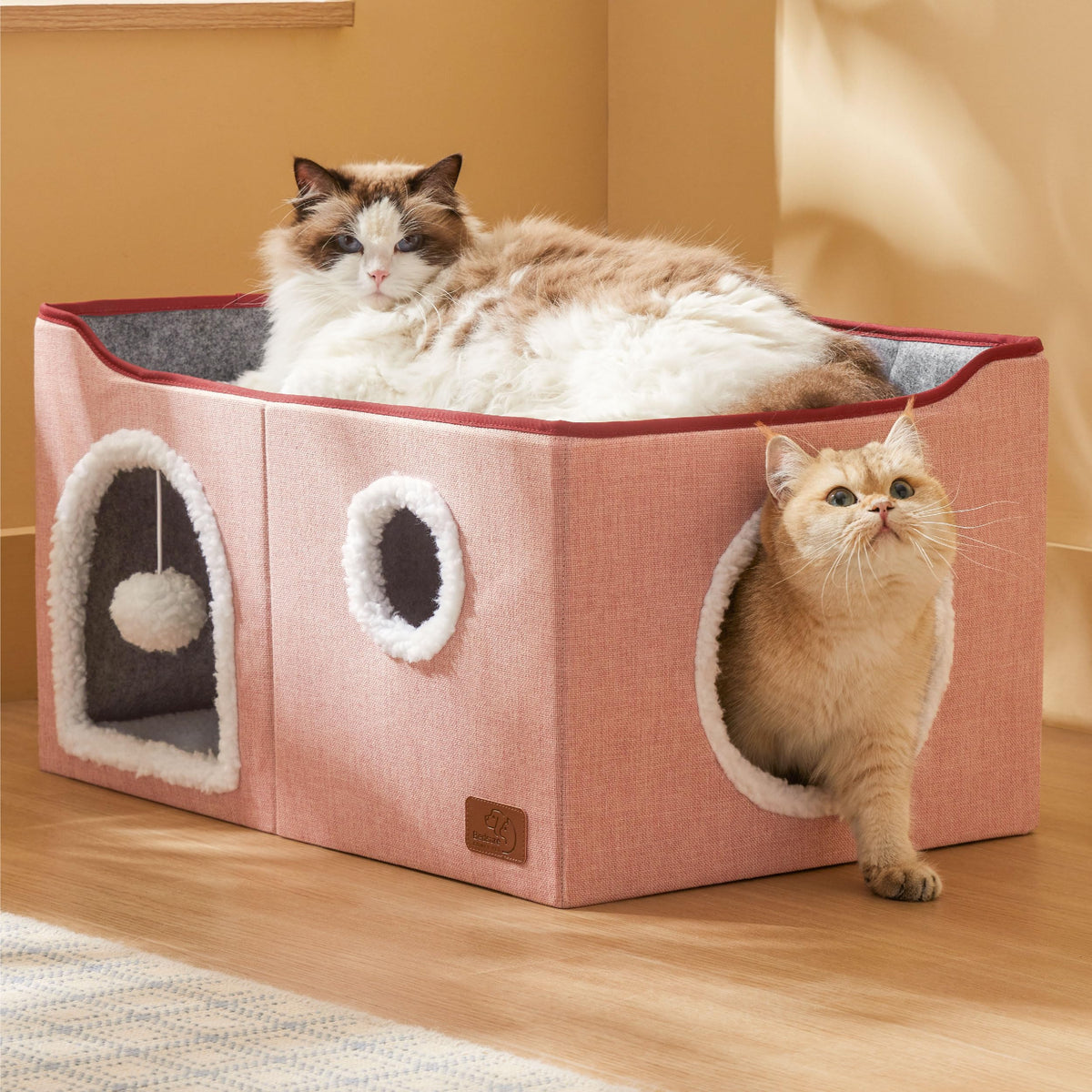 Bedsure Cat House Bed for Indoor Cats with Fluffy Ball and Scratch Pad,Grey