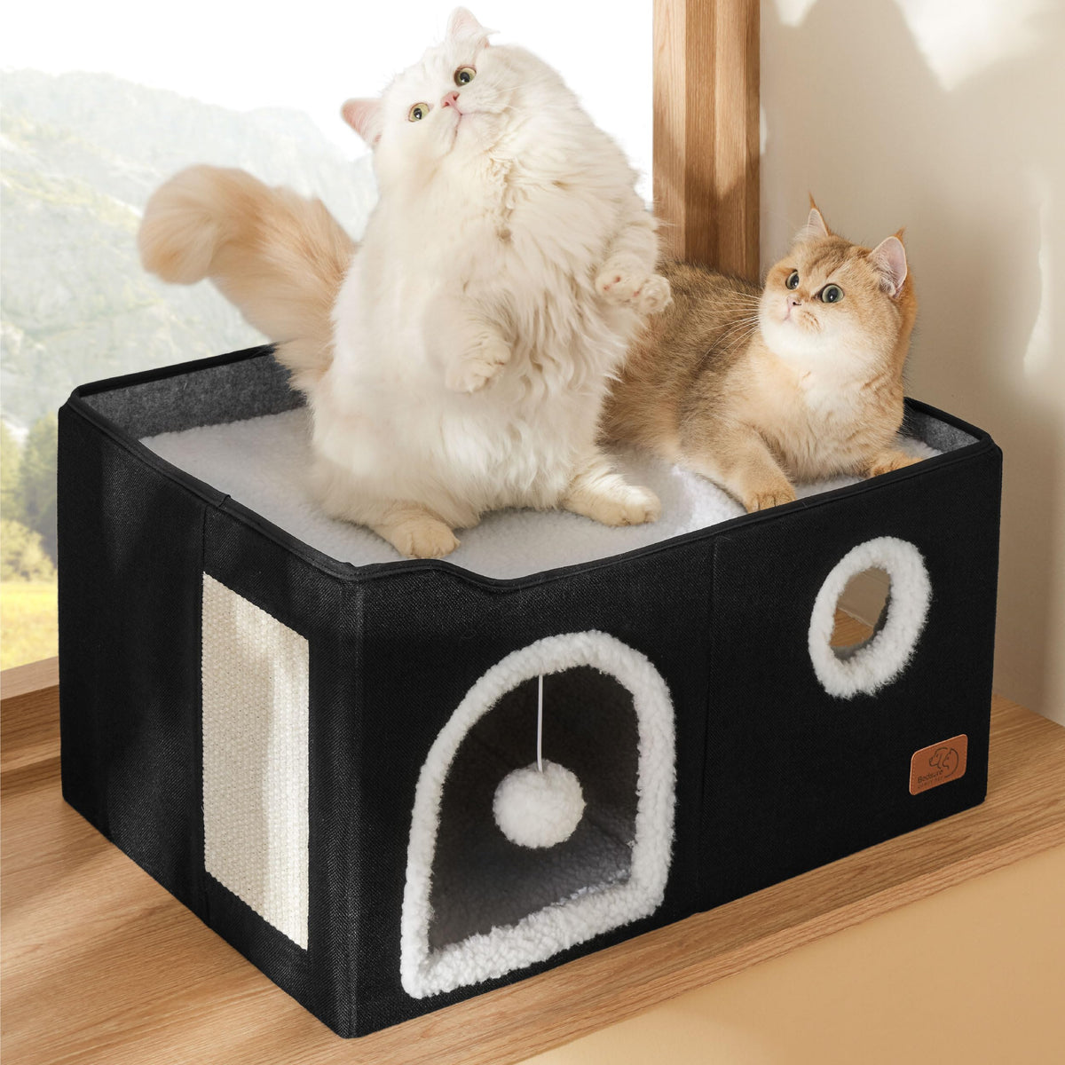 Bedsure Cat House Bed for Indoor Cats with Fluffy Ball and Scratch Pad,Grey