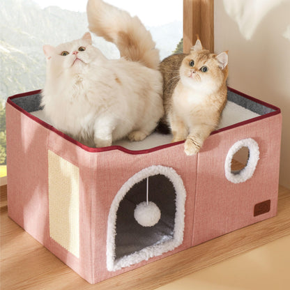 Bedsure Cat House Bed for Indoor Cats with Fluffy Ball and Scratch Pad,Grey