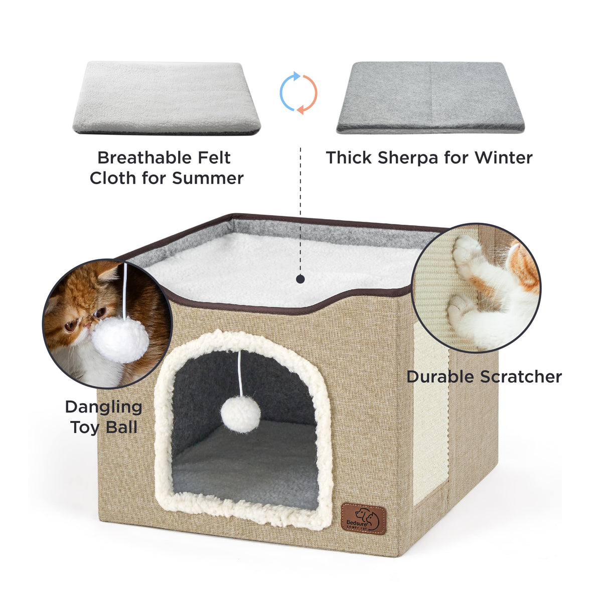 Bedsure Cat House Bed for Indoor Cats with Fluffy Ball and Scratch Pad,Grey