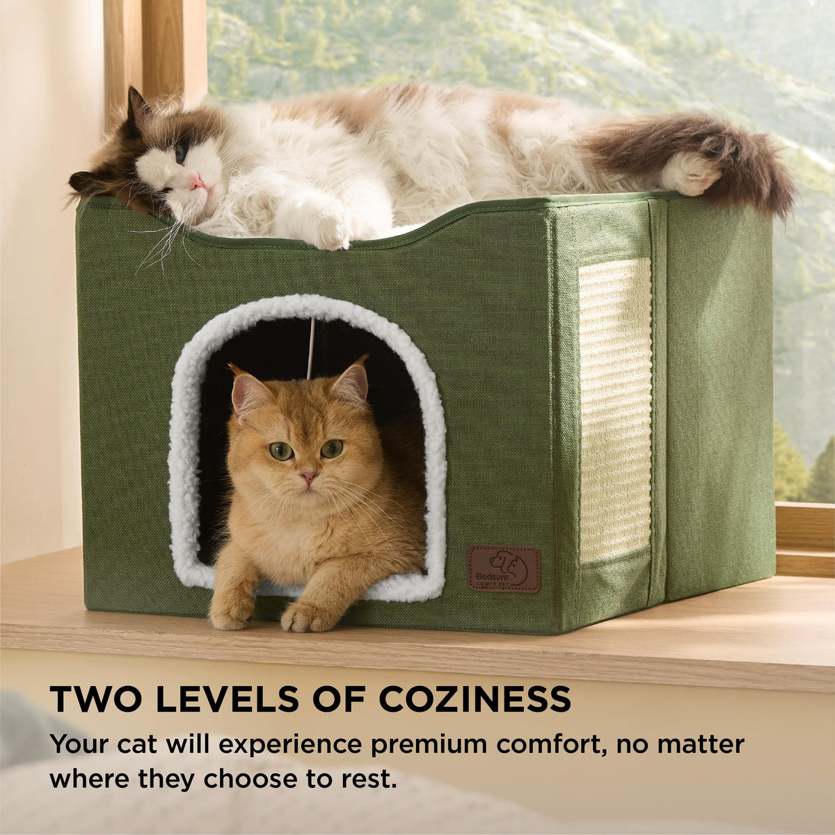 Bedsure Cat House Bed for Indoor Cats with Fluffy Ball and Scratch Pad,Grey