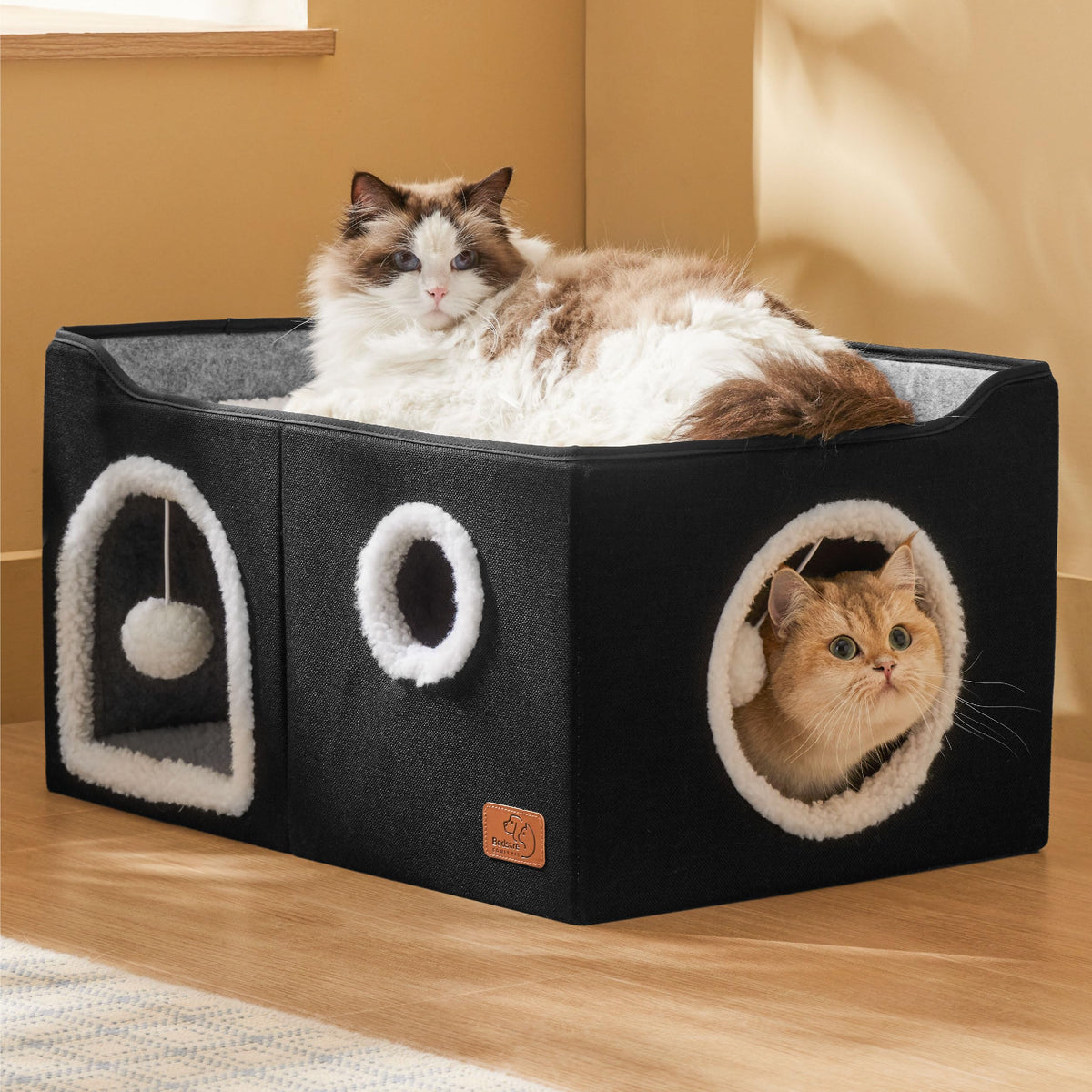Bedsure Cat House Bed for Indoor Cats with Fluffy Ball and Scratch Pad,Grey