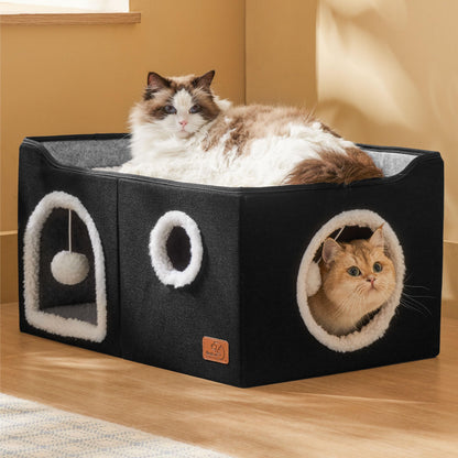 Bedsure Cat House Bed for Indoor Cats with Fluffy Ball and Scratch Pad,Grey